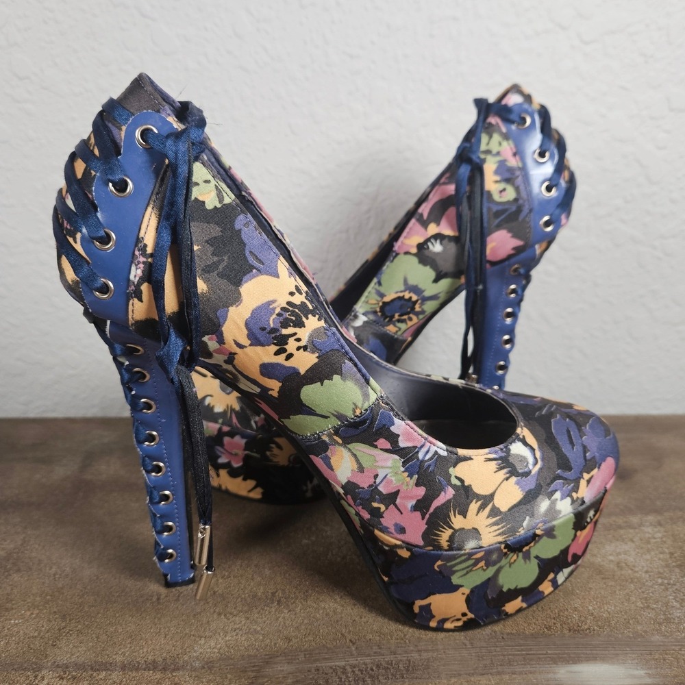 Alba Floral Lace Up Platform Pumps Blue Multi Color Stiletto Heels Womens 7.5 - Picture 2 of 12